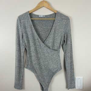 Dex Heathered Gray Long Sleeve Crossbody Wrap Bodysuit